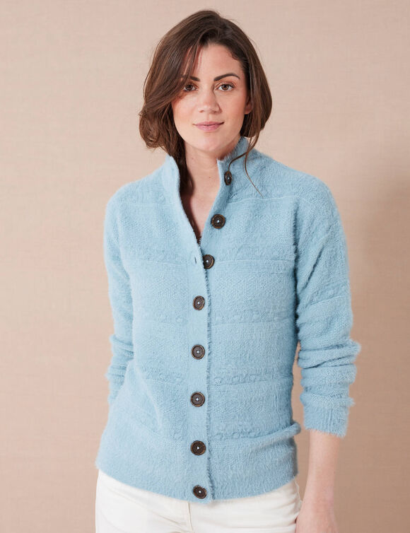 Cardigan boutonné maille poilue fantaisie (gris bleuté) Cardigan boutonné maille poilue fantaisie (gris bleuté)